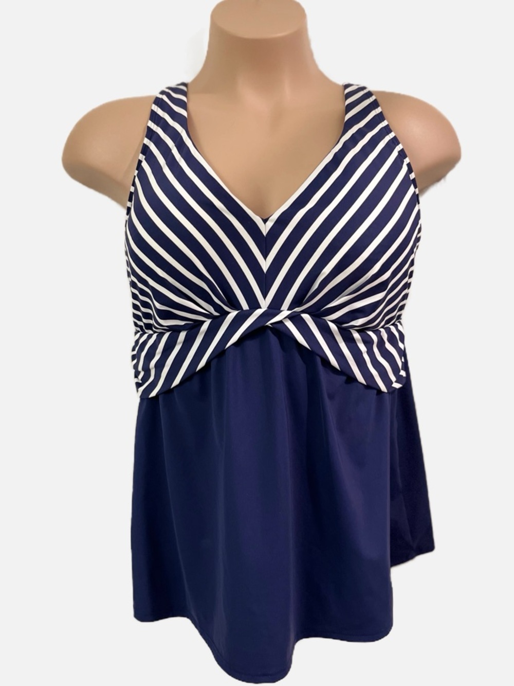 Lands' End Women’s Swimsuit Bathing Suit Tankini Swim Top Navy Blue White 18